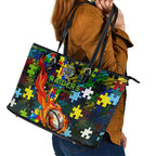 Raiders Autism Awareness Leather Tote Bag Puzzle Flames Rugby Ball