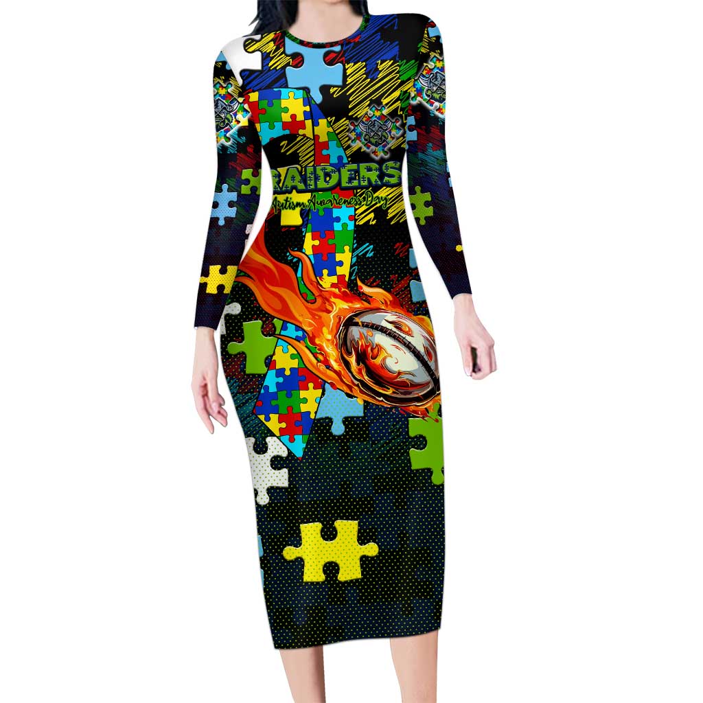 Raiders Autism Awareness Long Sleeve Bodycon Dress Puzzle Flames Rugby Ball