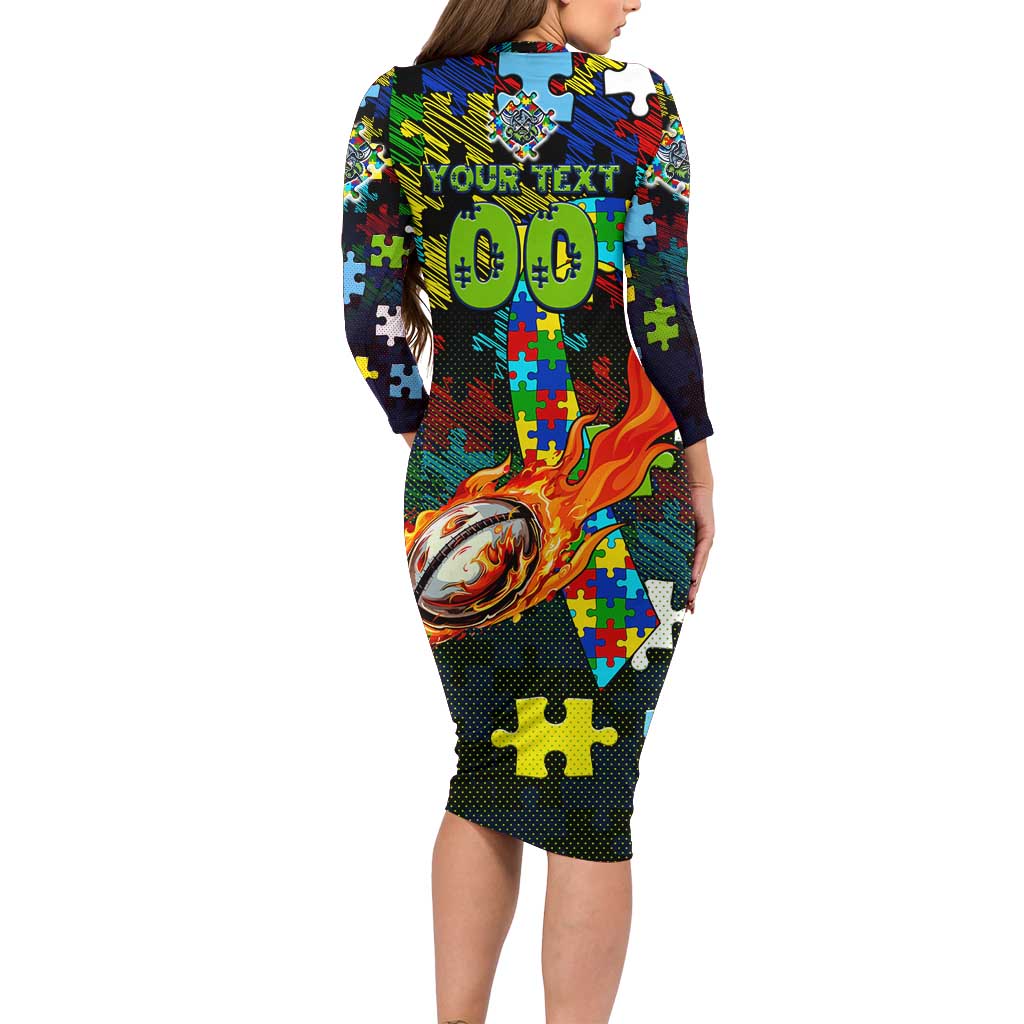 Raiders Autism Awareness Long Sleeve Bodycon Dress Puzzle Flames Rugby Ball