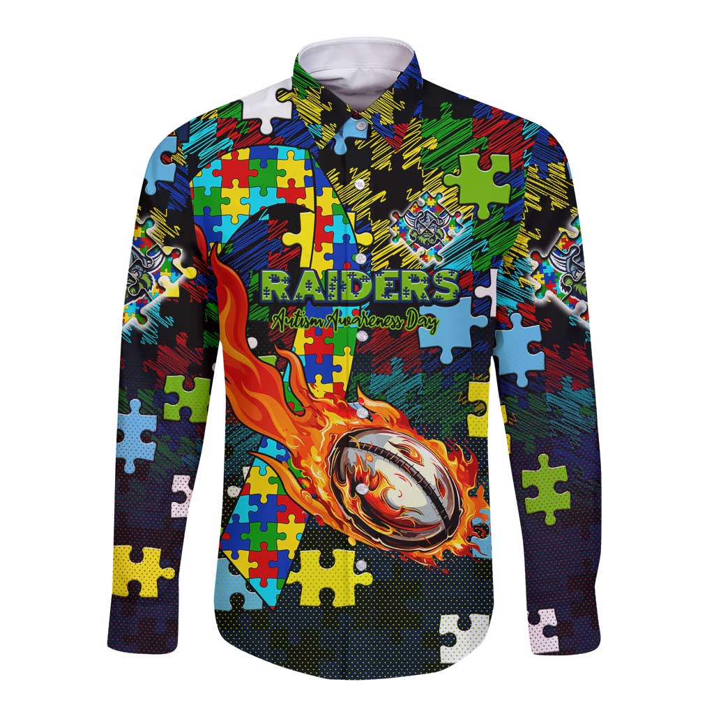 Raiders Autism Awareness Long Sleeve Button Shirt Puzzle Flames Rugby Ball