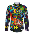 Raiders Autism Awareness Long Sleeve Button Shirt Puzzle Flames Rugby Ball