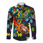 Raiders Autism Awareness Long Sleeve Button Shirt Puzzle Flames Rugby Ball