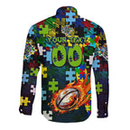 Raiders Autism Awareness Long Sleeve Button Shirt Puzzle Flames Rugby Ball