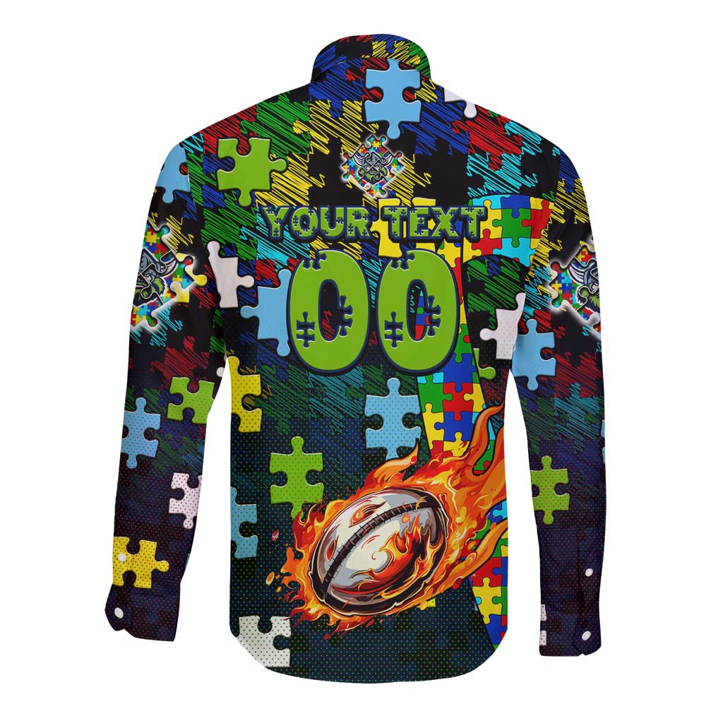 Raiders Autism Awareness Long Sleeve Button Shirt Puzzle Flames Rugby Ball