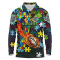 Raiders Autism Awareness Long Sleeve Polo Shirt Puzzle Flames Rugby Ball