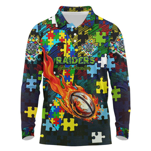 Raiders Autism Awareness Long Sleeve Polo Shirt Puzzle Flames Rugby Ball