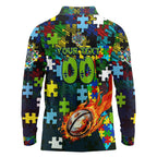 Raiders Autism Awareness Long Sleeve Polo Shirt Puzzle Flames Rugby Ball