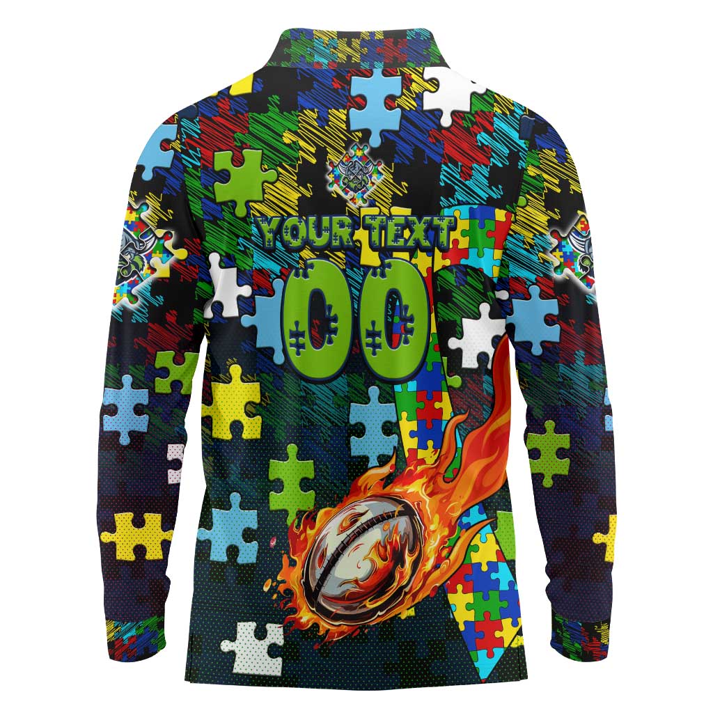 Raiders Autism Awareness Long Sleeve Polo Shirt Puzzle Flames Rugby Ball