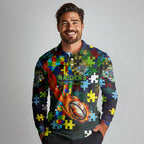 Raiders Autism Awareness Long Sleeve Polo Shirt Puzzle Flames Rugby Ball