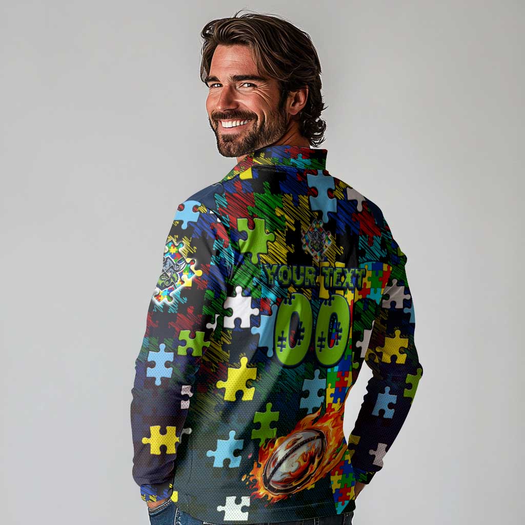 Raiders Autism Awareness Long Sleeve Polo Shirt Puzzle Flames Rugby Ball