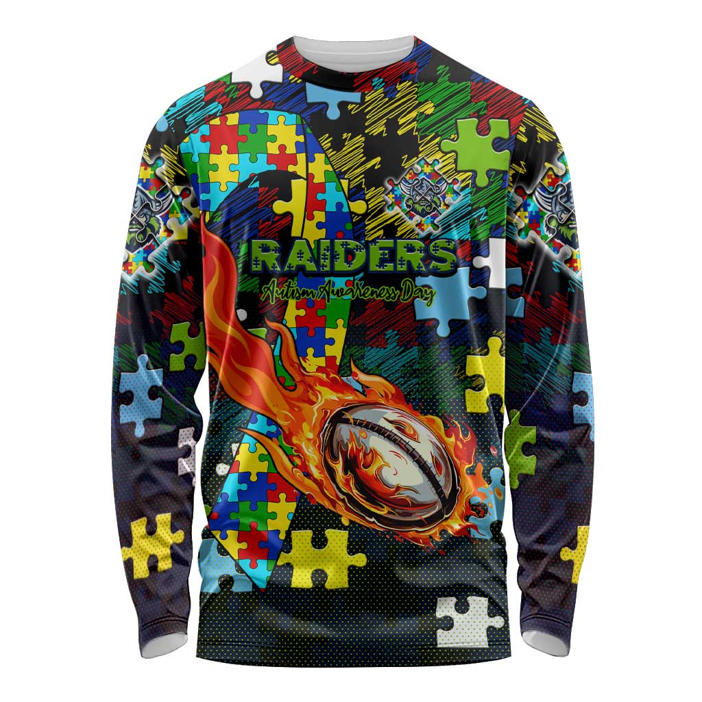 Raiders Autism Awareness Long Sleeve Shirt Puzzle Flames Rugby Ball