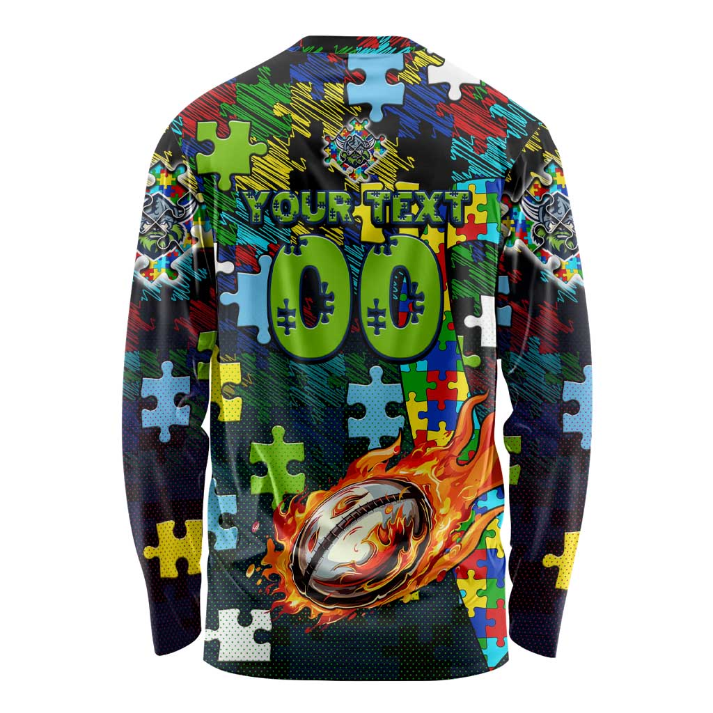 Raiders Autism Awareness Long Sleeve Shirt Puzzle Flames Rugby Ball