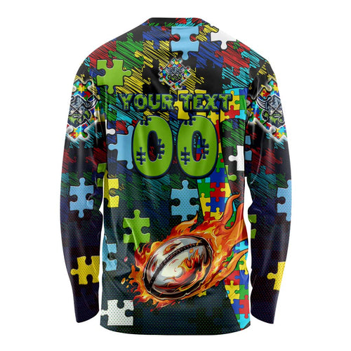Raiders Autism Awareness Long Sleeve Shirt Puzzle Flames Rugby Ball