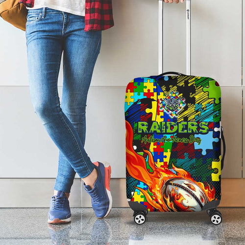 Raiders Autism Awareness Luggage Cover Puzzle Flames Rugby Ball