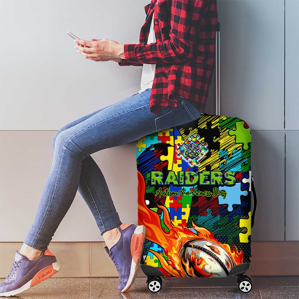 Raiders Autism Awareness Luggage Cover Puzzle Flames Rugby Ball
