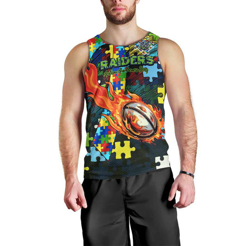 Raiders Autism Awareness Men Tank Top Puzzle Flames Rugby Ball