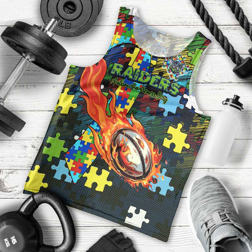 Raiders Autism Awareness Men Tank Top Puzzle Flames Rugby Ball