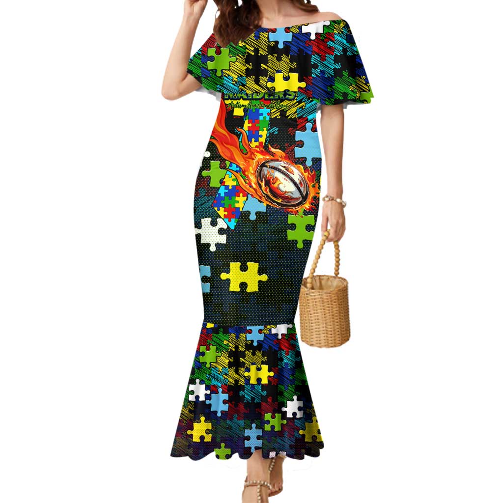 Raiders Autism Awareness Mermaid Dress Puzzle Flames Rugby Ball