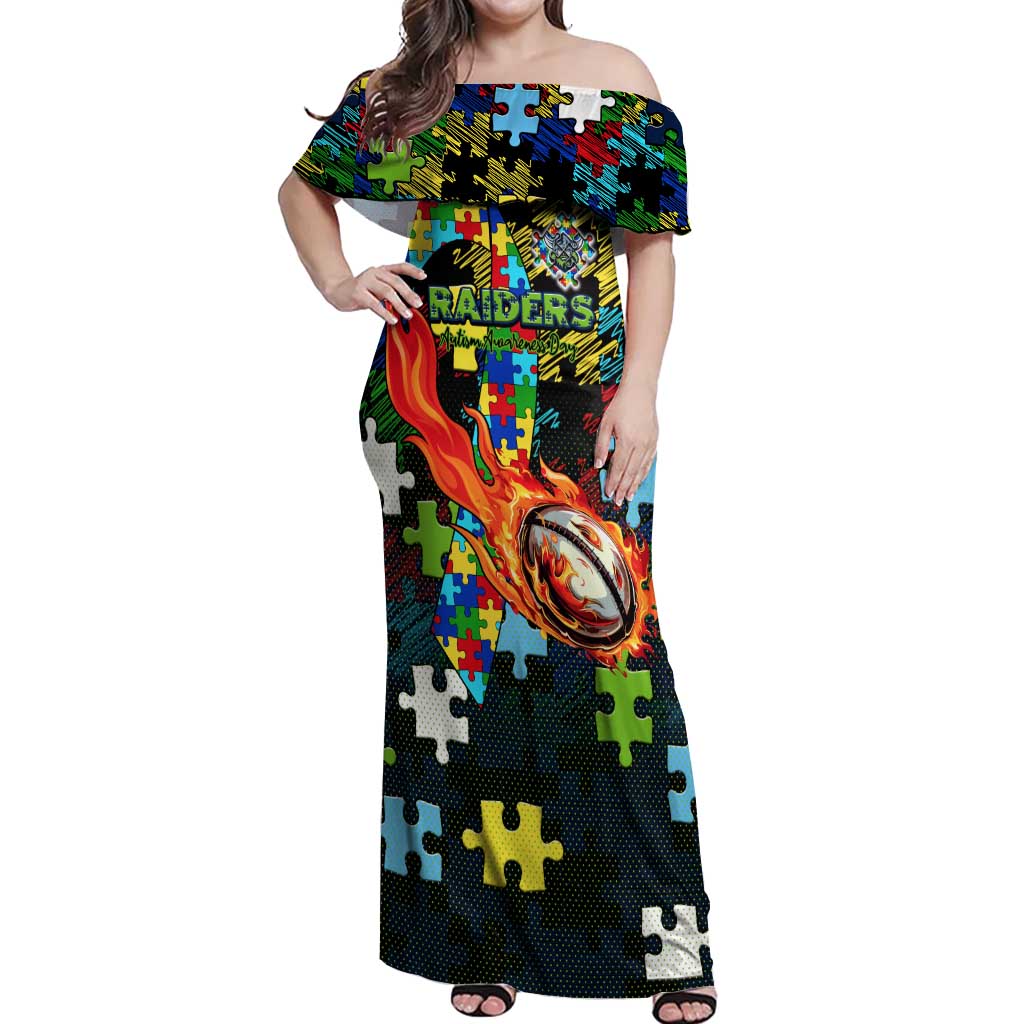 Raiders Autism Awareness Off Shoulder Maxi Dress Puzzle Flames Rugby Ball