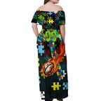 Raiders Autism Awareness Off Shoulder Maxi Dress Puzzle Flames Rugby Ball