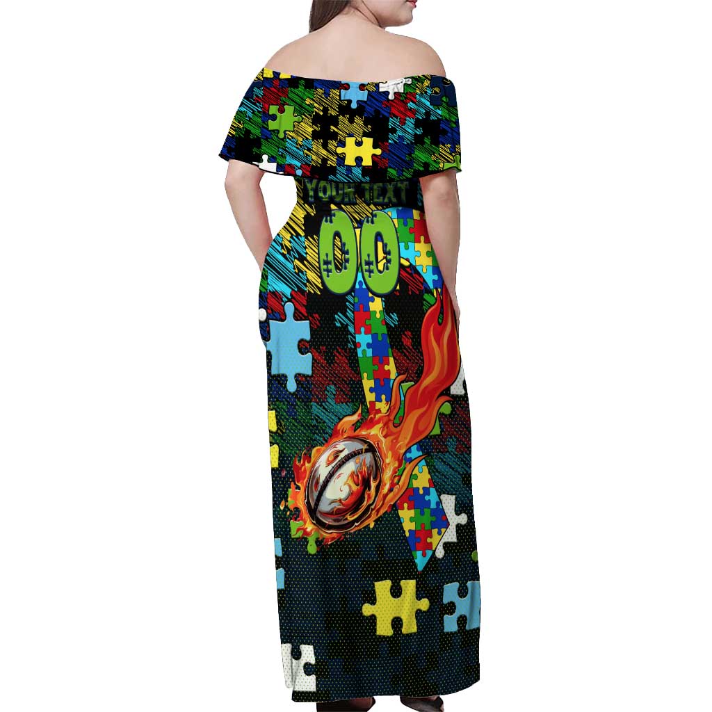 Raiders Autism Awareness Off Shoulder Maxi Dress Puzzle Flames Rugby Ball