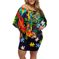 Raiders Autism Awareness Off Shoulder Short Dress Puzzle Flames Rugby Ball