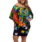 Raiders Autism Awareness Off Shoulder Short Dress Puzzle Flames Rugby Ball