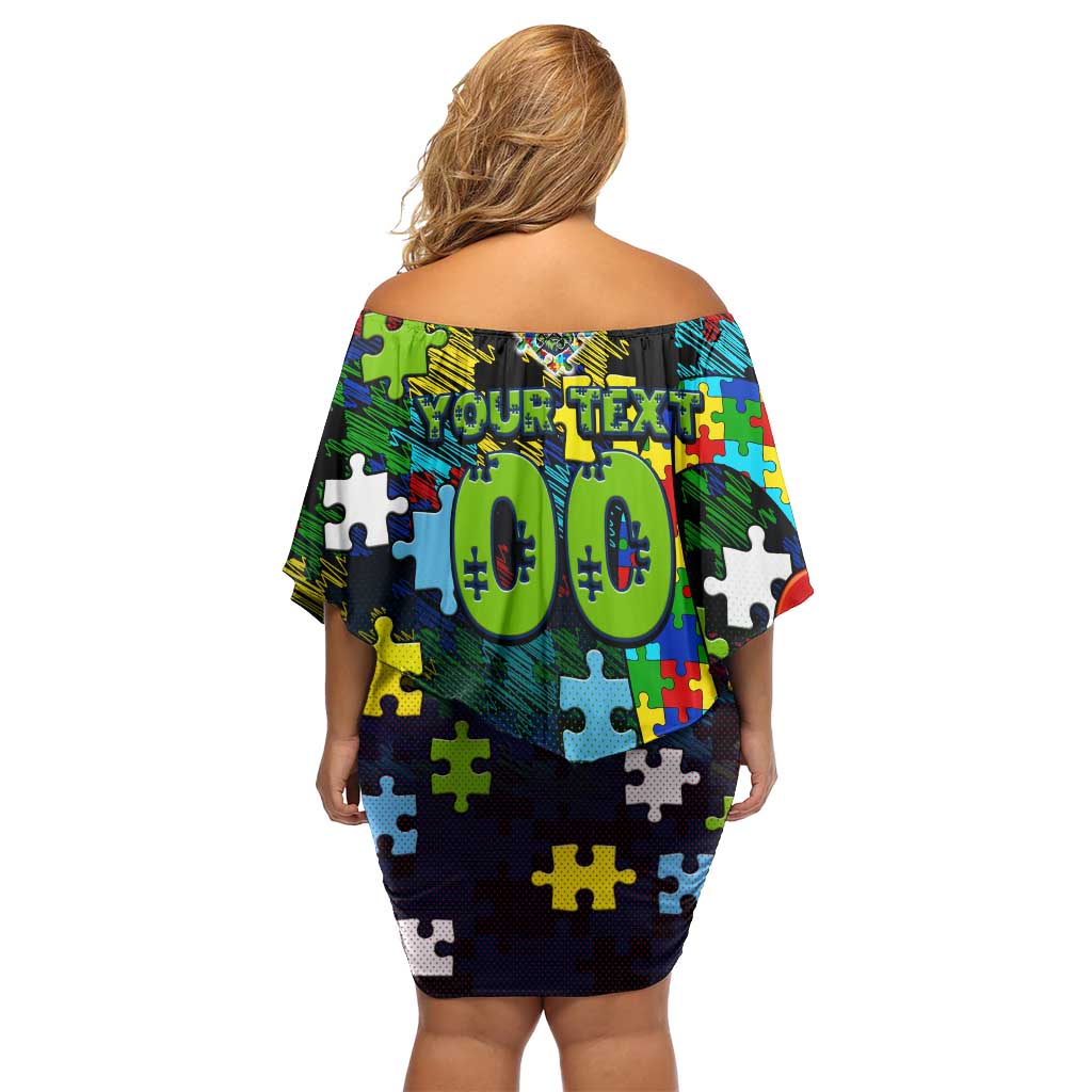 Raiders Autism Awareness Off Shoulder Short Dress Puzzle Flames Rugby Ball
