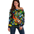 Raiders Autism Awareness Off Shoulder Sweater Puzzle Flames Rugby Ball