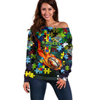 Raiders Autism Awareness Off Shoulder Sweater Puzzle Flames Rugby Ball