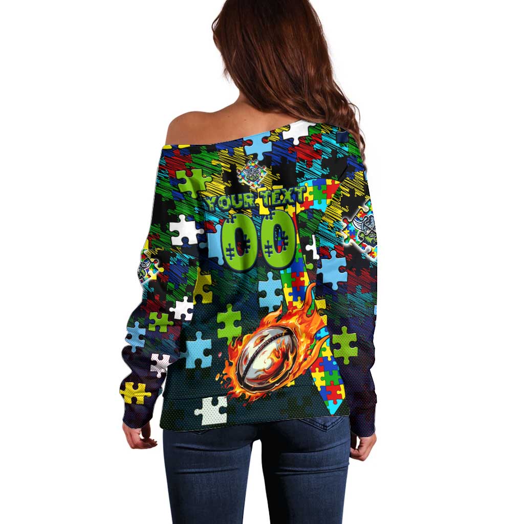 Raiders Autism Awareness Off Shoulder Sweater Puzzle Flames Rugby Ball