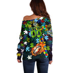 Raiders Autism Awareness Off Shoulder Sweater Puzzle Flames Rugby Ball