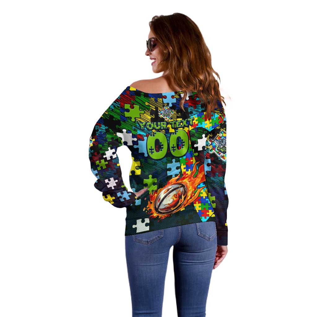 Raiders Autism Awareness Off Shoulder Sweater Puzzle Flames Rugby Ball