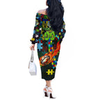 Raiders Autism Awareness Off The Shoulder Long Sleeve Dress Puzzle Flames Rugby Ball