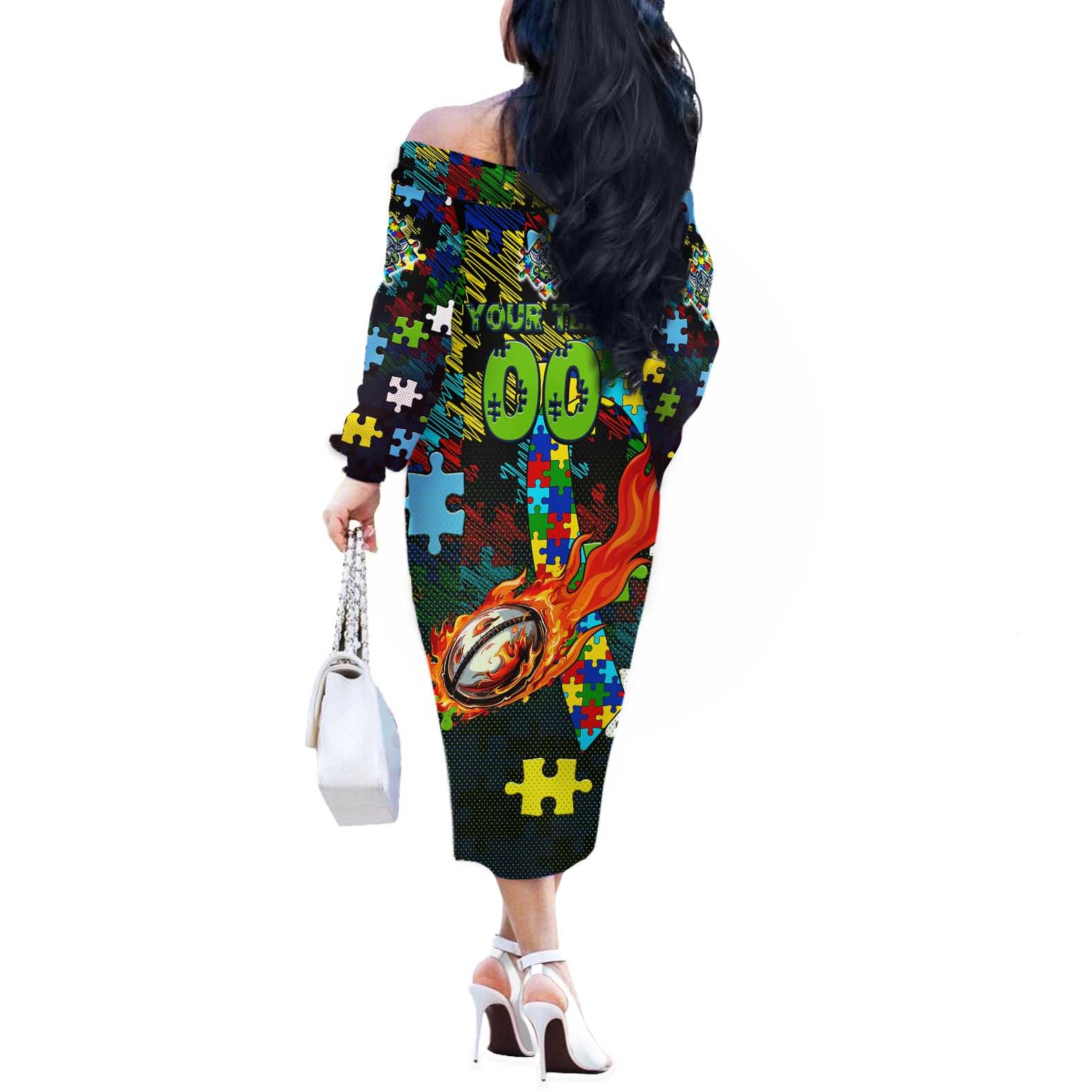 Raiders Autism Awareness Off The Shoulder Long Sleeve Dress Puzzle Flames Rugby Ball