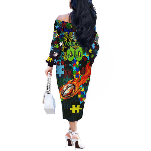 Raiders Autism Awareness Off The Shoulder Long Sleeve Dress Puzzle Flames Rugby Ball