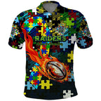 Raiders Autism Awareness Polo Shirt Puzzle Flames Rugby Ball