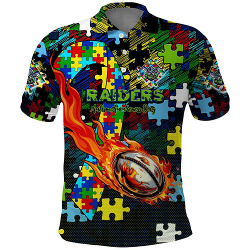 Raiders Autism Awareness Polo Shirt Puzzle Flames Rugby Ball