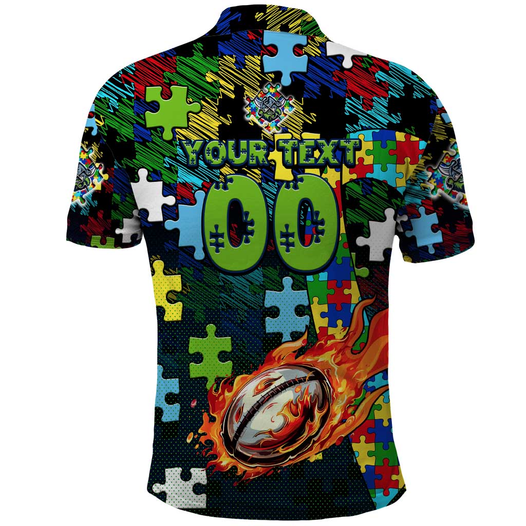Raiders Autism Awareness Polo Shirt Puzzle Flames Rugby Ball