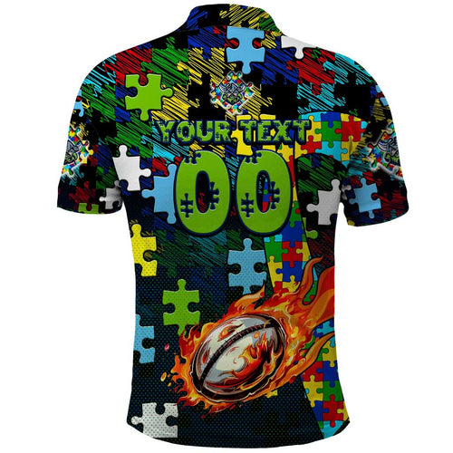 Raiders Autism Awareness Polo Shirt Puzzle Flames Rugby Ball