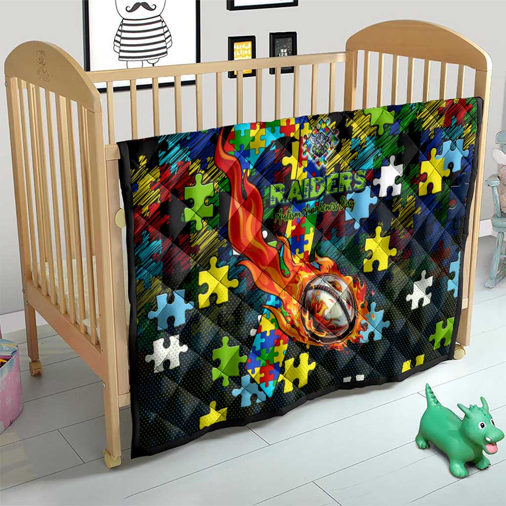 Raiders Autism Awareness Quilt Puzzle Flames Rugby Ball