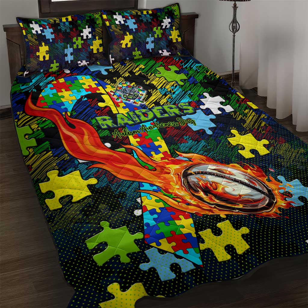 Raiders Autism Awareness Quilt Bed Set Puzzle Flames Rugby Ball