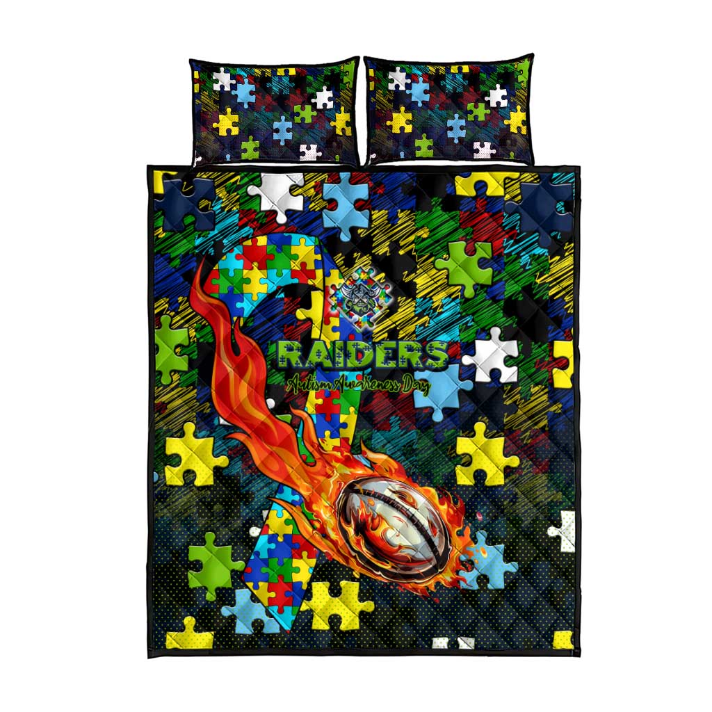 Raiders Autism Awareness Quilt Bed Set Puzzle Flames Rugby Ball