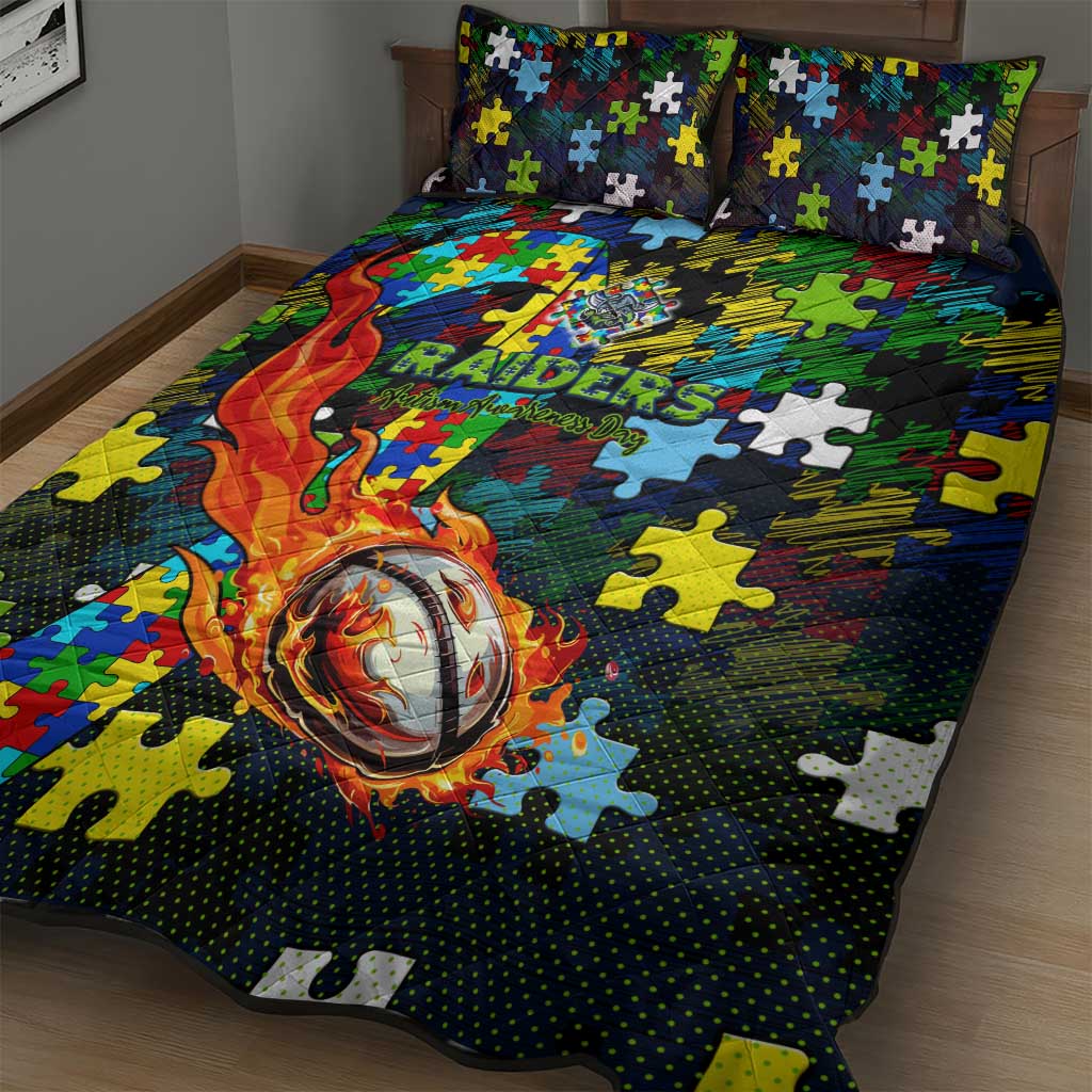 Raiders Autism Awareness Quilt Bed Set Puzzle Flames Rugby Ball