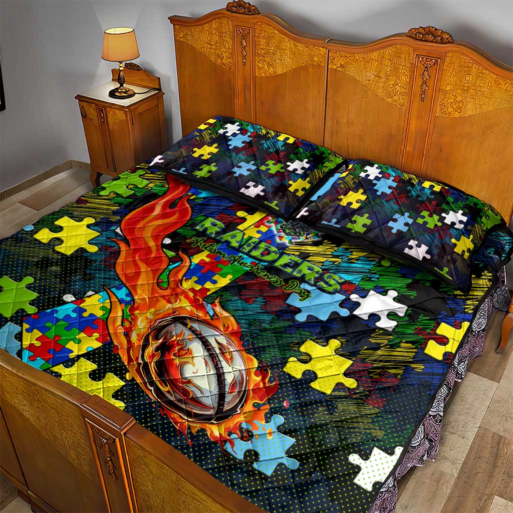 Raiders Autism Awareness Quilt Bed Set Puzzle Flames Rugby Ball
