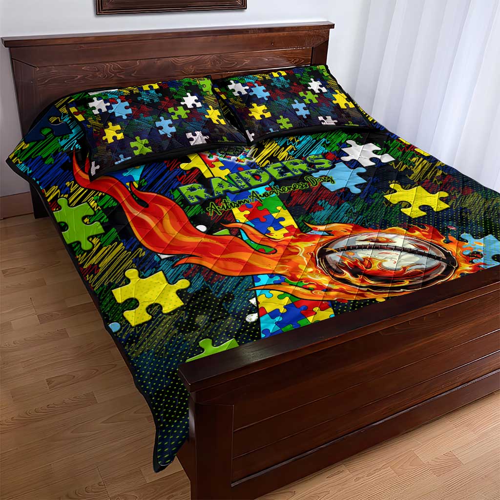 Raiders Autism Awareness Quilt Bed Set Puzzle Flames Rugby Ball