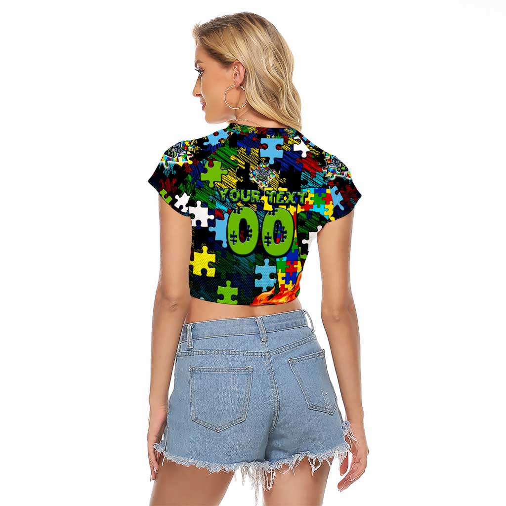 Raiders Autism Awareness Raglan Cropped T Shirt Puzzle Flames Rugby Ball