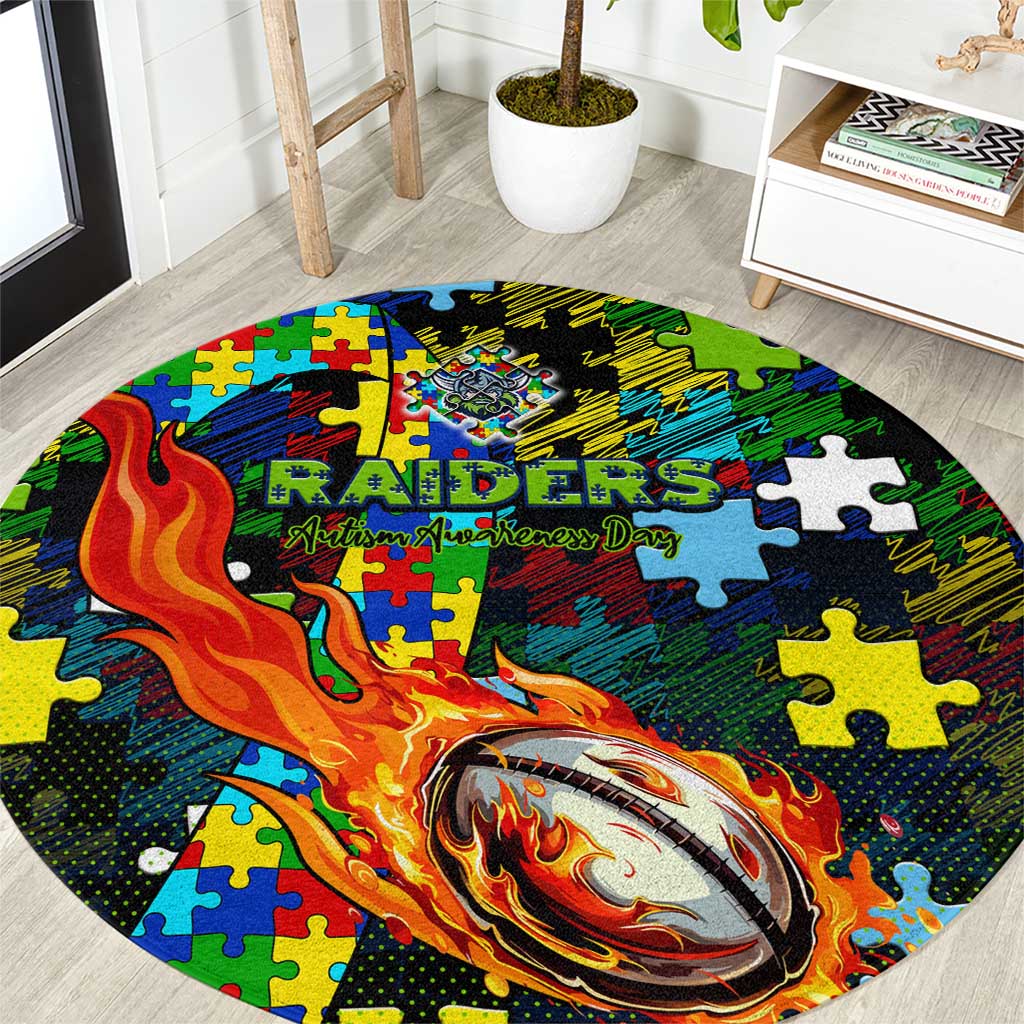 Raiders Autism Awareness Round Carpet Puzzle Flames Rugby Ball