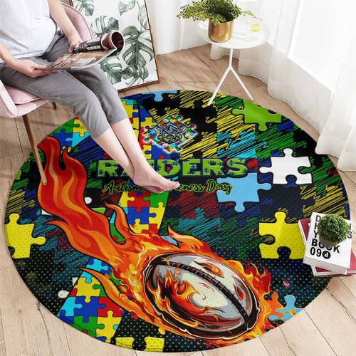 Raiders Autism Awareness Round Carpet Puzzle Flames Rugby Ball