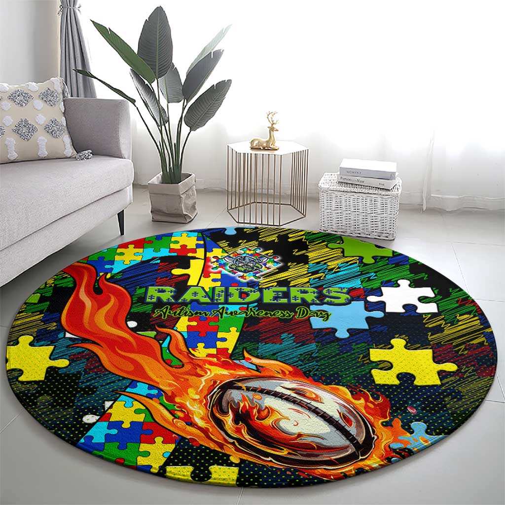Raiders Autism Awareness Round Carpet Puzzle Flames Rugby Ball